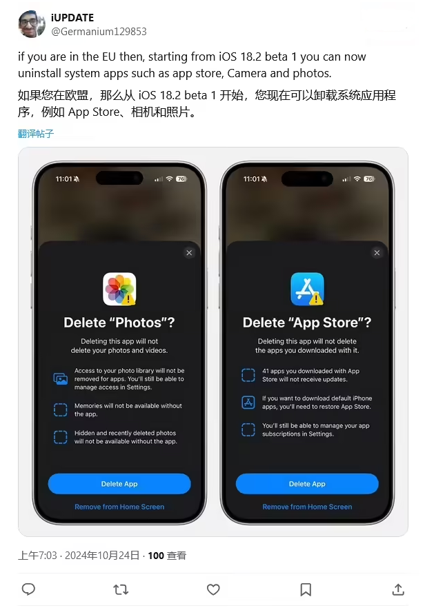 诸城苹果手机维修分享iOS 18.2 支持删除 App Store 应用商店 