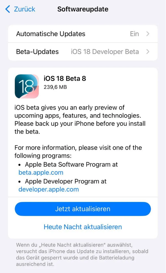 诸城苹果手机维修分享苹果 iOS / iPadOS 18 开发者预览版 Beta 8 发布 